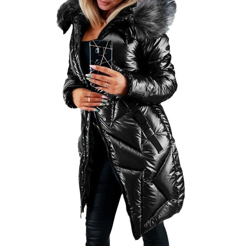 European & American Mid-Length Shiny PU Fur Collar Slim Fit Cotton Jacket 2024 - Fashionable, Warm Coat for Women.