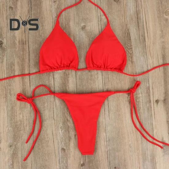 2 Pcs/Set Ladies Triangle Bikini Halter Neck Swimwear with Chest Pads Lace-up Thong Swimsuit Sexy Beachwear Bathing Suit for Beach Vacation Pool
