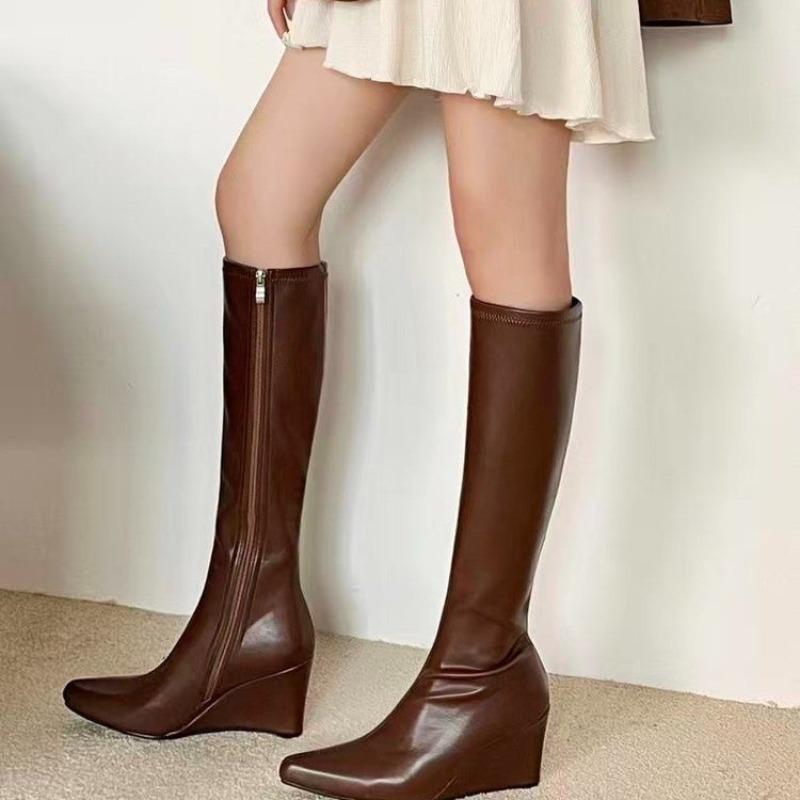 

Side Zip Wedge Heel High Boots Fashion Pointed Toe Soft Leather Soft Sole Non-Slip Shoes for Women 40