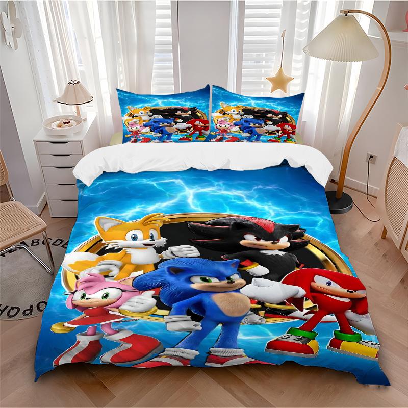 3pcs Sonic the Hedgehog Home Bedding Set-Universal Three-Piece Suit for Bedroom, Guest Room, Living Room, Hotel-Perfect Gift for Fans, Trave