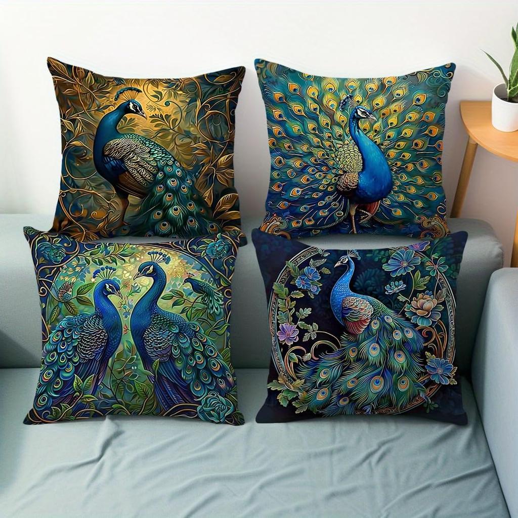 4er-Pack Petrol Gold Pfau Kissenbezüge Doppelseitiger Druck Blumen Kissenhüllen Boho Wohnkultur Für Sofa Schlafzimmer