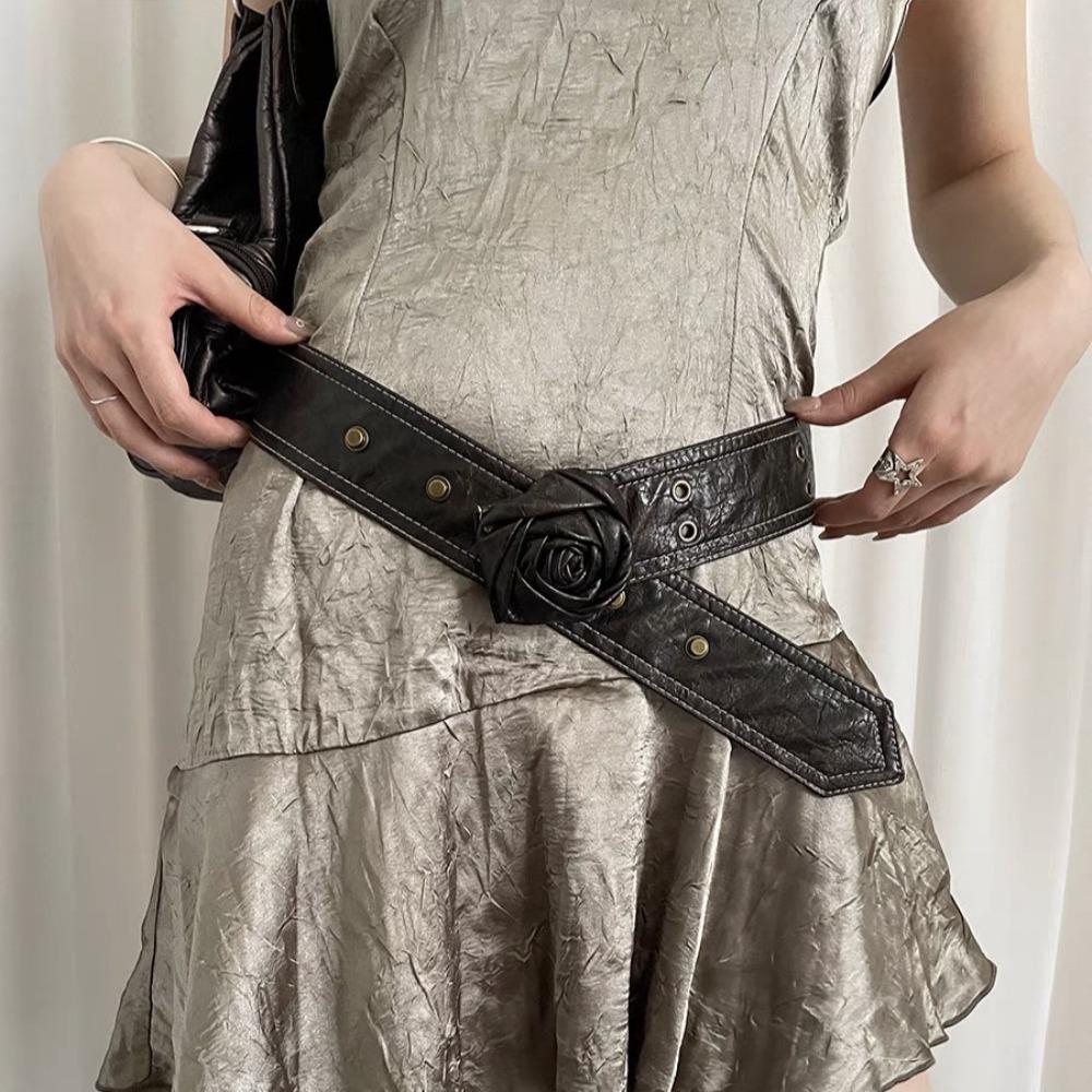 

Floral Button PU Leather Belt Casual Rose Flower Belt Y2K Punk Belt 100cm коричневий