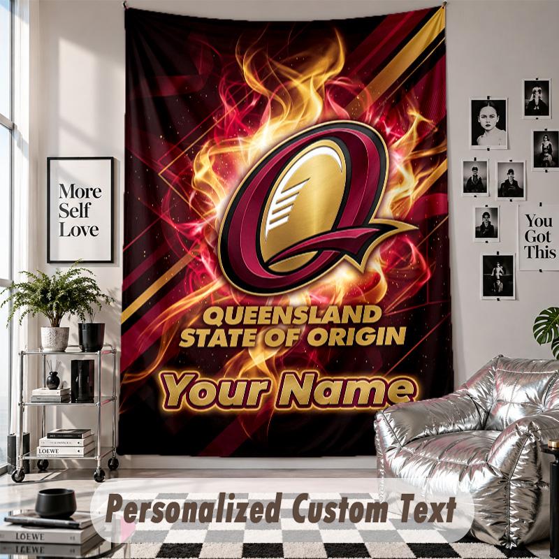 Wall Hanging Tapestry With Custom Name & Text, Queensland Maroons Decorative Tapestry For Bedroom