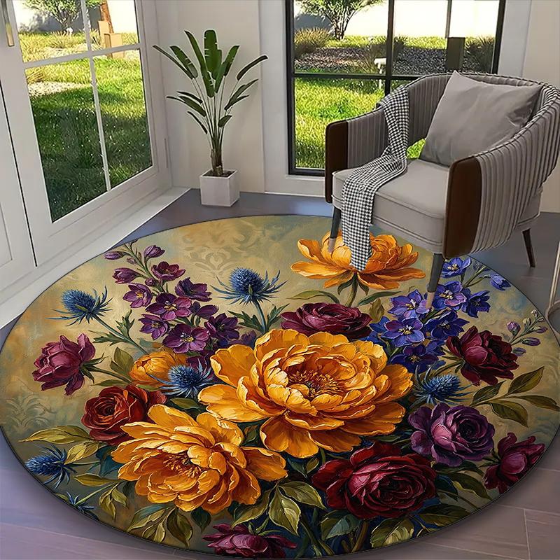 Elegant Floral Bird Flower Carpet, Non-slip Office Chair Rug, Digital Print Home Round Rug, Unique Festival Decorations