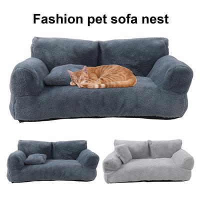 Pet Sofa Bed Fluffy Plush Pet Couch with Raised Edges Pillows Anti-Slip