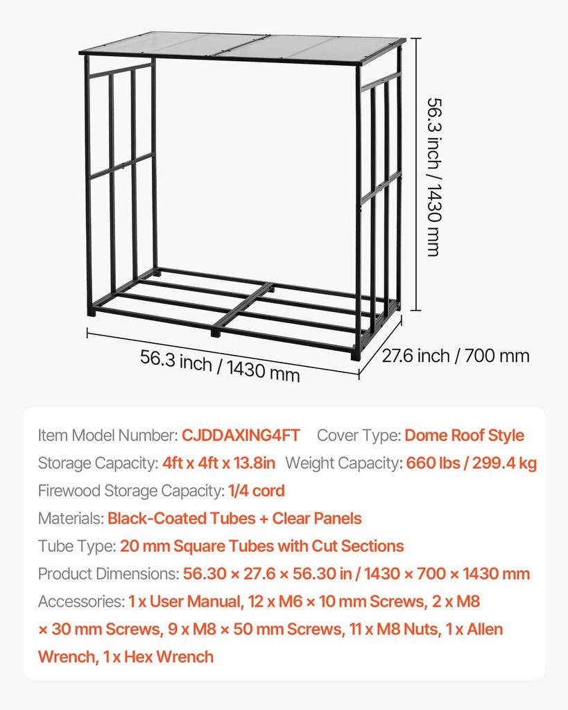 Firewood Rack with Sloped Roof, 143cm Outdoor Firewood Holder, 1/4 Cord Log Storage Shed, 299kg Max Weight Capacity, Powder-Coated Metal Wood Storage