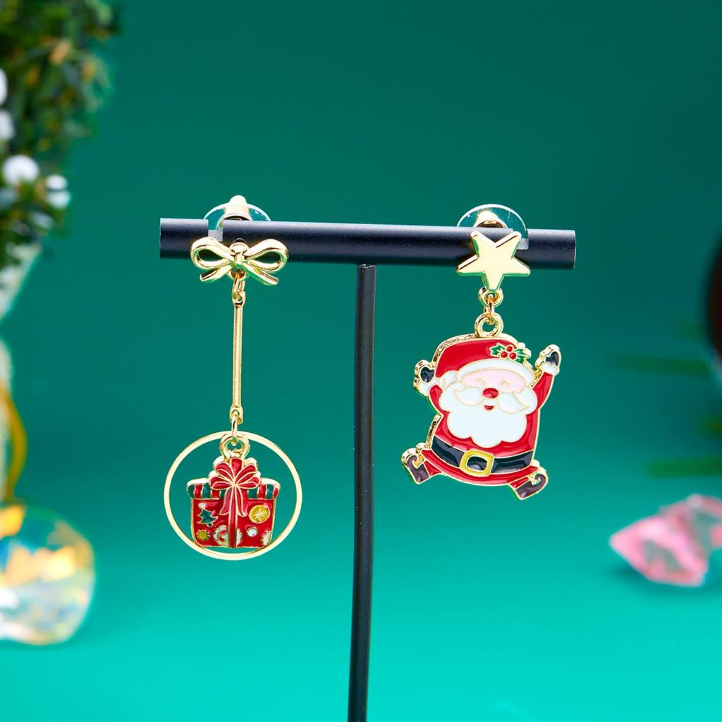 Enamel Santa Claus Bow Gift Box Star Tassel Asymmetric Drop Earrings Cartoon Christmas Earring For Women Men Jewelry Party Gifts