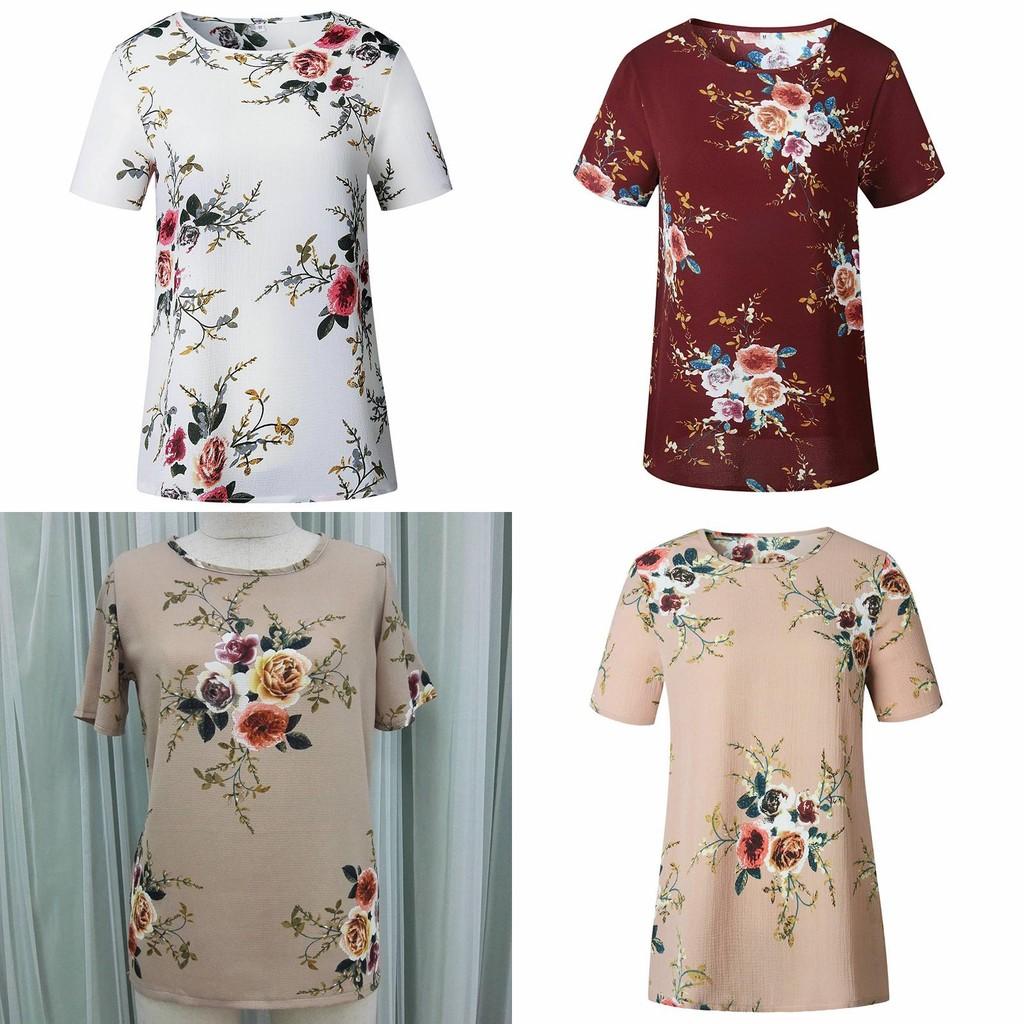 Elegant Summer Women Blouse Floral Print Short Sleeve Loose Casual T-shirt Tops