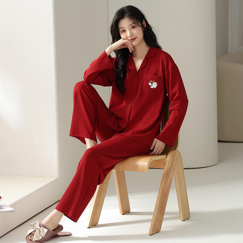 Pajamas wedding newlywed couple suit red natal spring and autumn pure cotton long-sleeved autumn couple suit men and women