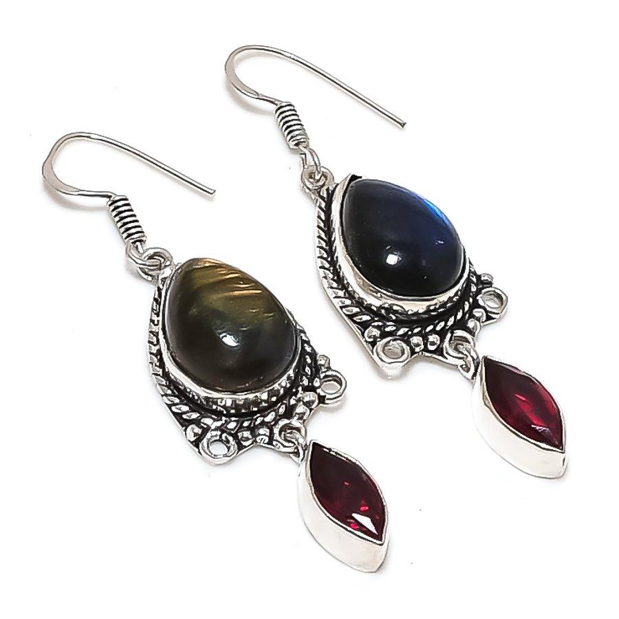 Natural Labradorite, Garnet 925 Sterling Silver Jewelry Earring 2.25" i7C63