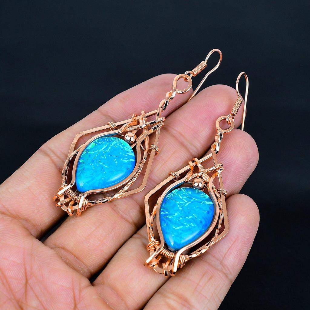 Australian Triplet Opal Earrings, 999 Copper Wire Wrapped Earrings, Handmade Gemstone Jewelry Earrings For Memorial Day