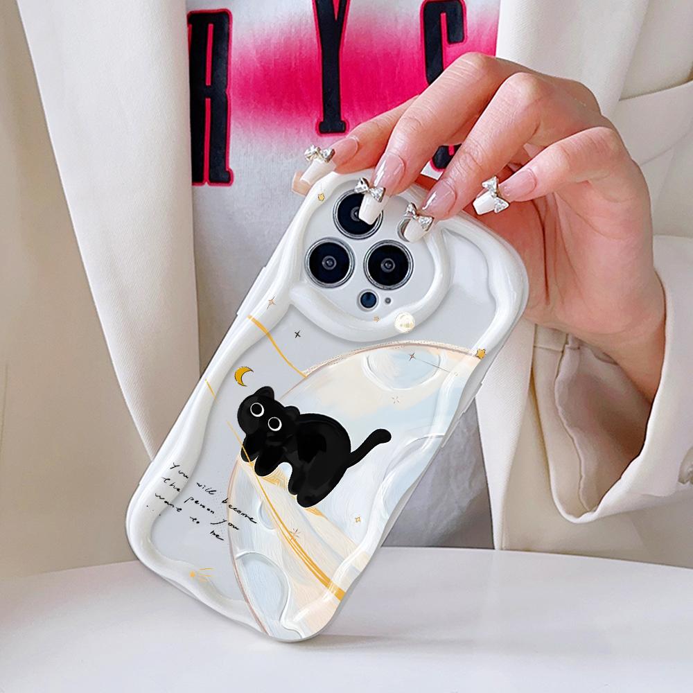 For OPPO A17 A18 A38 A58 A98 Reno7 Z 8Z 8T 11F 11 Pro Realme 12 Lite 12 Pro C30 Soft Wavy Edge Cartoon Lovely Cat Pattern Full Lens Protect Case