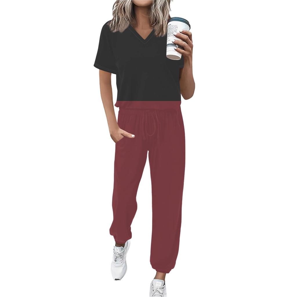 Damen Jogging Mode V-Ausschnitt Kurzarm Gürtel Lose Hosen Trainingsanzug