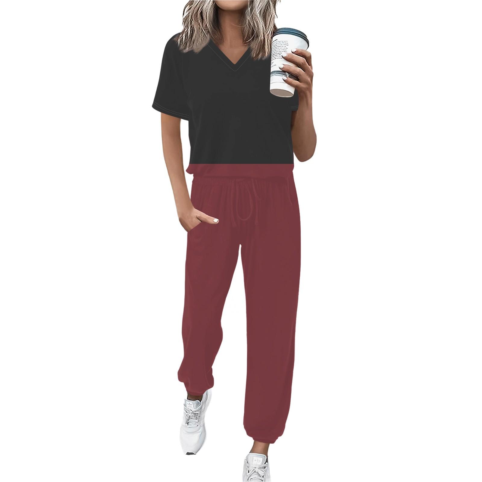 

Женский спортивный костюм с V-образным вырезом и коротким рукавом, свободные брюки XL винный