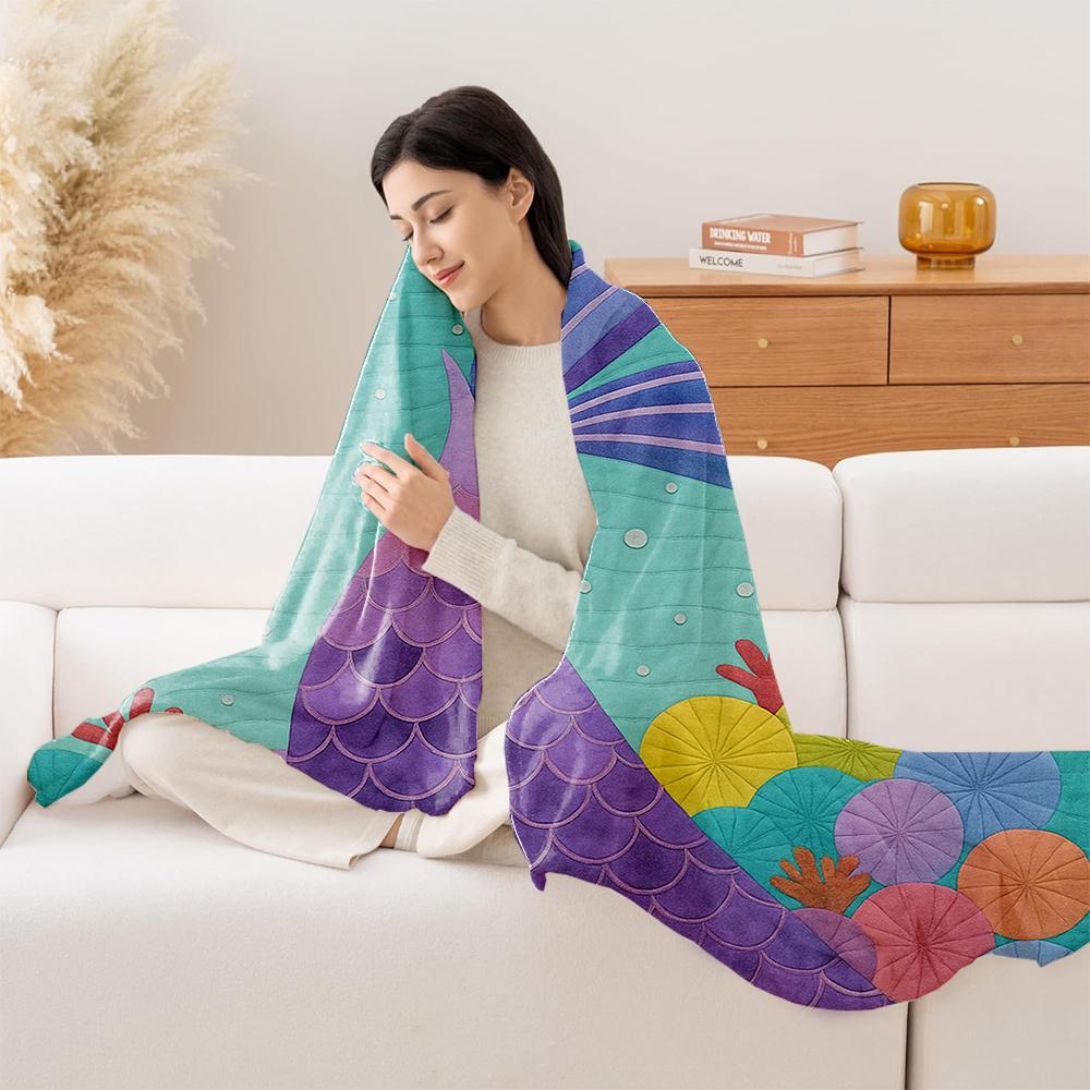 1 stuks Turquoise Blauw & Paars Zeemeerminstaart Pluche Deken - Zachte Gewatteerde Flanellen Sprei met Glinsterende Schubben, Alle Seizoenen