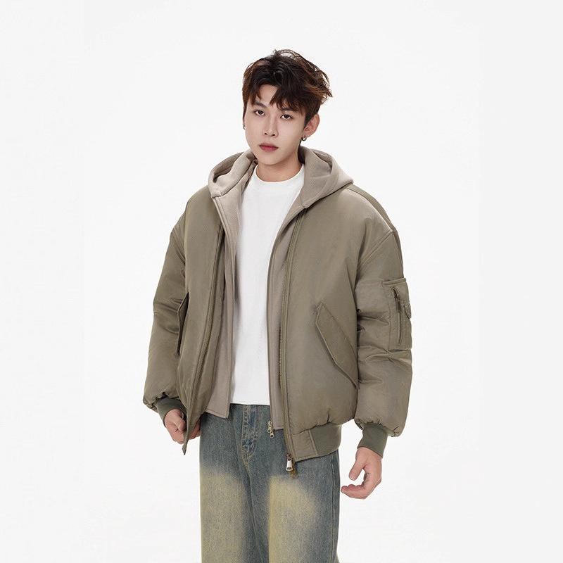Men's American Faux Two-Piece Quilted Winter Bomber Jacket with Hood