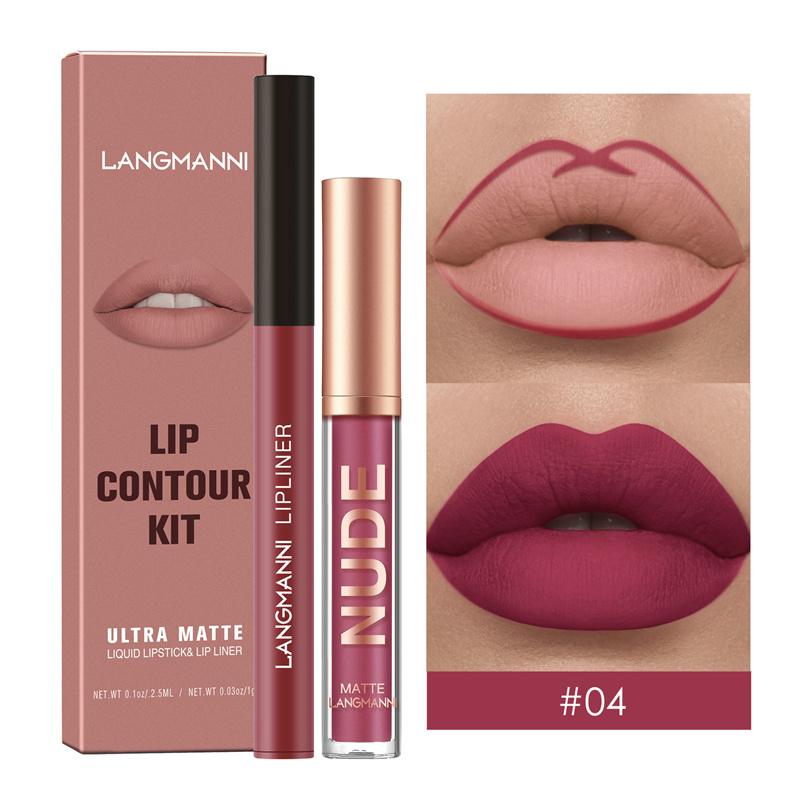 2-teilige Kombination aus Lippenkonturenstift und Lipgloss, wasserfest, langanhaltend, samtig, nackt, sexy, nicht klebender, matter Lippenstift, Lippenkonturenstift