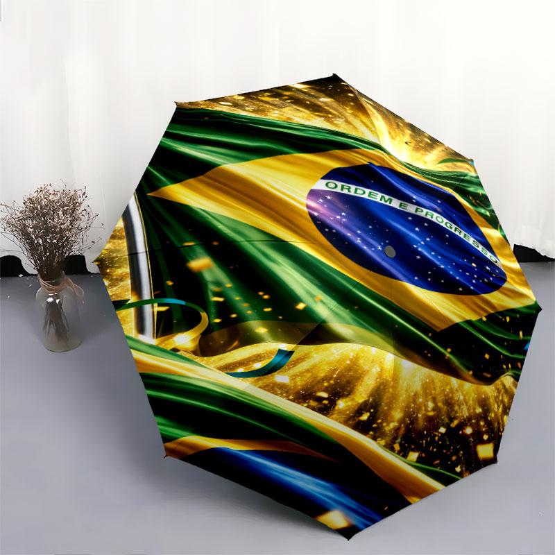 1 PC Automatic Folding Umbrella - Brazil National Football Team Pattern, Portable & Foldable Design with 8 Ribs, Christmas Birthday Gifts