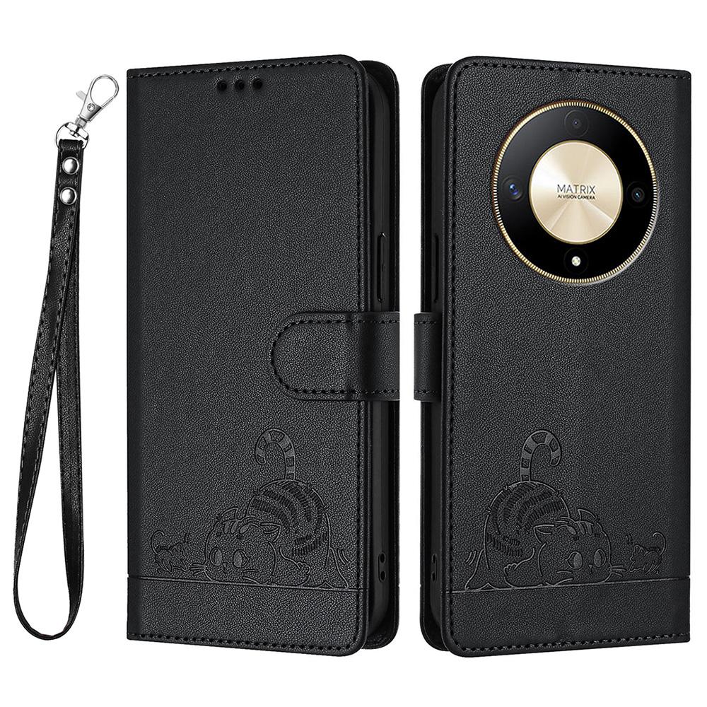 

For Honor Magic6 Lite 5G/X9b 5G/X50 5G Case with Strap RFID Blocking Leather Wallet Phone Cover Cat Mouse Pattern Black