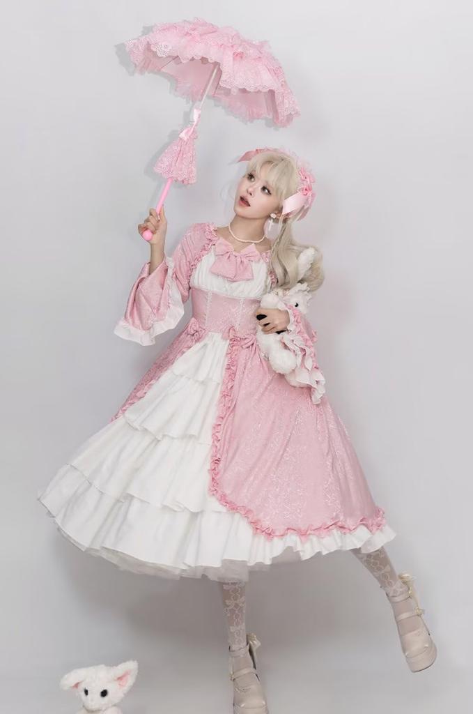 Yucahype Gothic Lolita Long Plus Sweet Lace Dress, Sleeves, Size, Ruffles, Costume, Lolita, Princess, Cosplay, Lolita, Ladylike, (L, Pink)