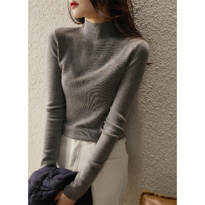 2024 Nové podzimní a zimní topy Pletené dámské tričko s dlouhým rukávem a polovičním rolákem Velká velikost Korejský styl Spodní tričko Jednobarevný svetr