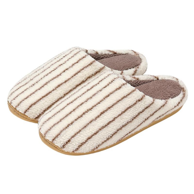 Striped cotton slippers winter plush warm non-slip bedroom indoor home fluffy slippers winter