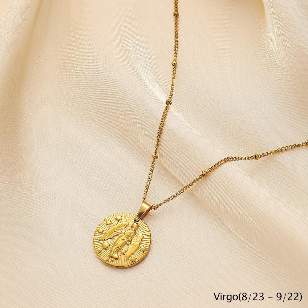 ALTERA Klassische 12 Sternzeichen Runde Münze Anhänger Halskette Edelstahl Tierkreis Halskette für Damen Herren Zirkon Geburtstagsgeschenk