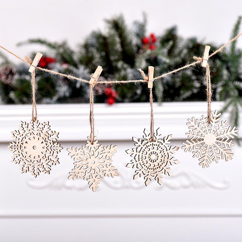 24pcs/box Christmas Wooden Snowflake Flake Hanging Can Doodle Diy Wooden Flake Christmas Decoration Hanging Decoration