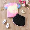 Girls Summer Outfit New Tie Dye Heart Print Short Sleeve Top  Shorts Set Casual Style