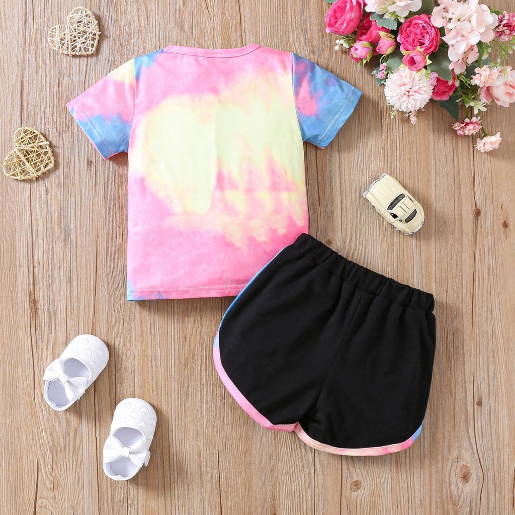 Girls Summer Outfit New Tie Dye Heart Print Short Sleeve Top  Shorts Set Casual Style