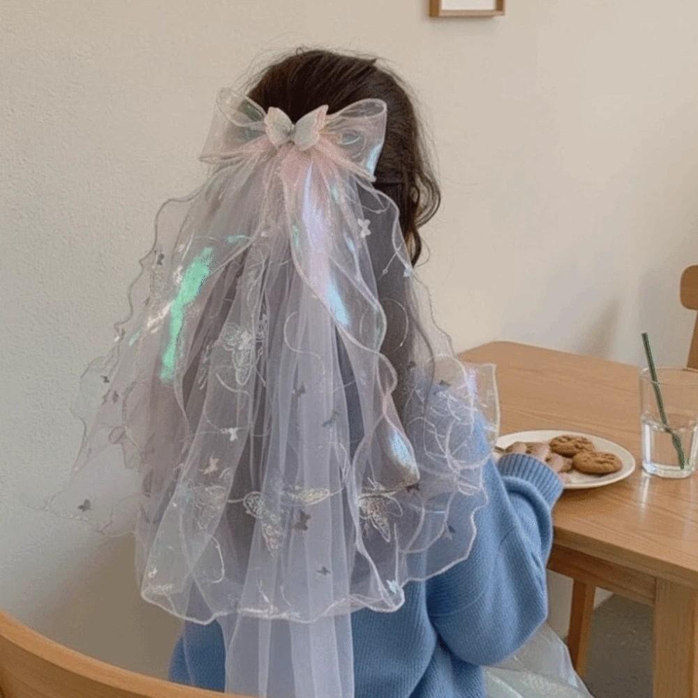 White Girls Head Gauze Bow Super Fairy Veil Fashion Colorful Flowing Tulle Birthday Headdress