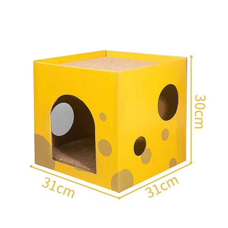 2-Layer Foldable Cardboard Cat House Fun Cheese Design Breathable Sturdy Scratching Post Cat Beds for Sleeping And Playing