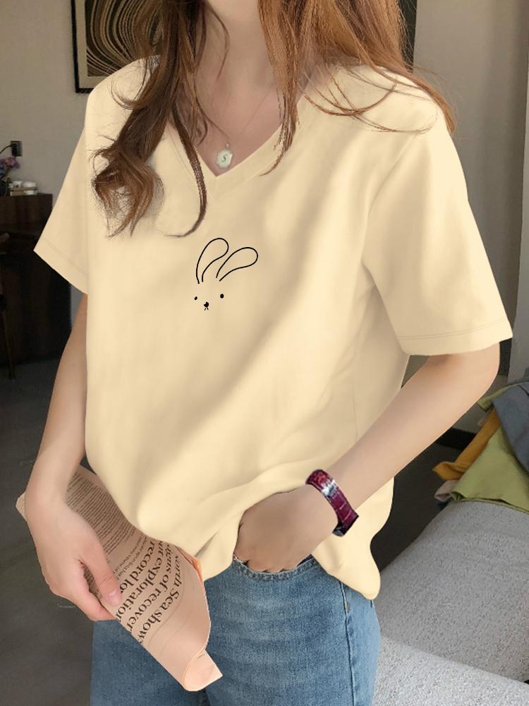 

Женская футболка с V-образным вырезом и коротким рукавом, лето 2025, женский однотонный топ с рукавом до локтя, абрикосовая хлопковая футболка, маленький мужчина S