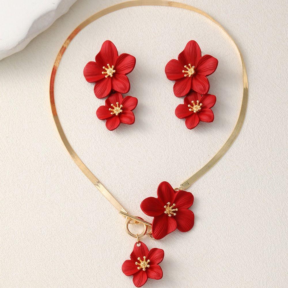 Metal Flower Necklace Earrings Set OT Buckle Pendant Jewelry Suit Vintage Flower Jewelry Set  Women