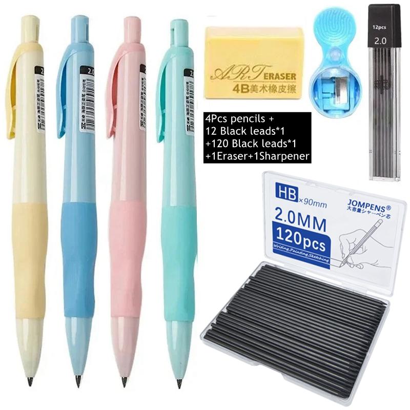 New 2.0mm Mechanical Pencils Set 4PCS Colorful Pencils + Lead Refills+Eraser + Sharpener Stationery Set for School Art Sketching