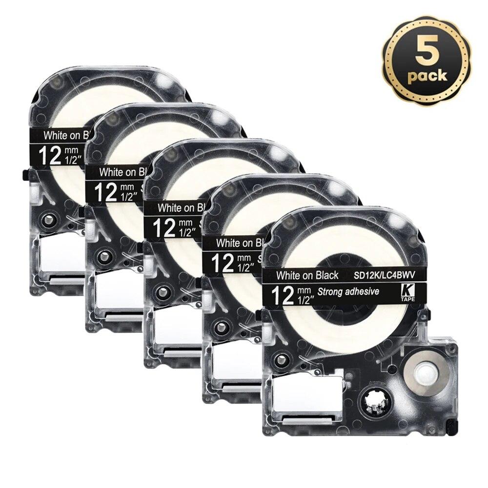 5 pachete 12 mm negru pe alb etichetă compatibilă Epson LC-4WBN / SS12KW SC12RW SC12YW ST12KW pentru imprimanta Epson LW300 LW400 500 600