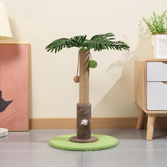Cat Toy Realistic Coconut Tree Shape Scratching Post with Sisal Claw Grinding Column Hanging Balls Interactive Cat Scratcher