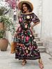 Spring and summer women's clothing long dress temperament contrasting color printing one-word neck short-sleeved dress