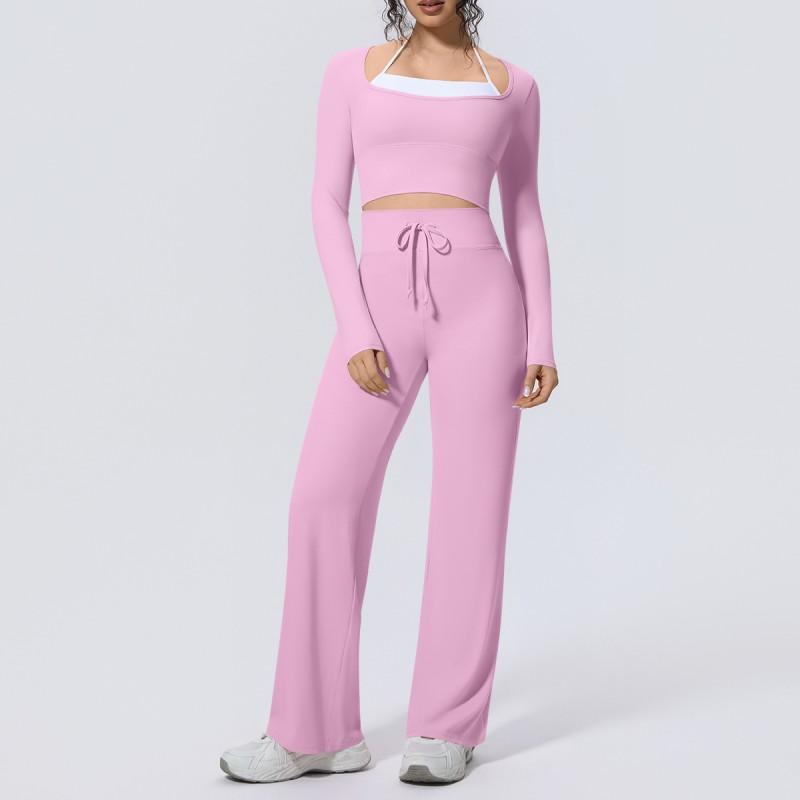 Womens Seamless Two-Piece Yoga Set Long Sleeve Top Flared Leggings Breathable Stretch Athletic Wear