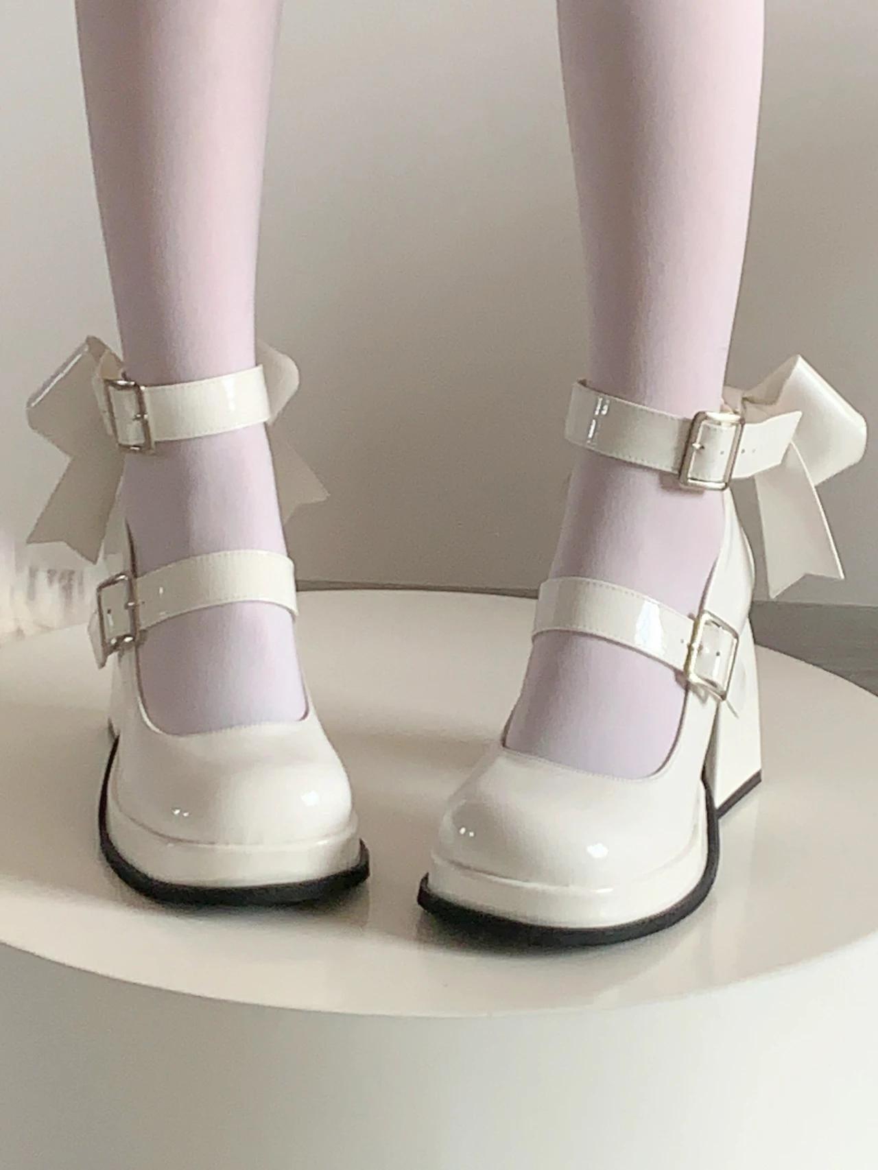 

Fashion Lolita Shoes Pink Kawaii Shoes Leather Bow Platform Mary Jane Single Shoes Womens Sweet High Heels Japanese Original Pumps 39