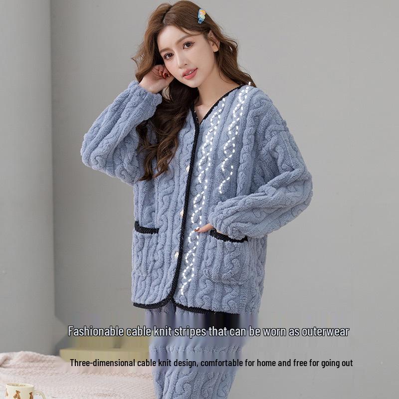 2024 Spring & Autumn Coral Fleece Pajama Set: 3D Jacquard Flannel Long Sleeve Cardigan Homewear