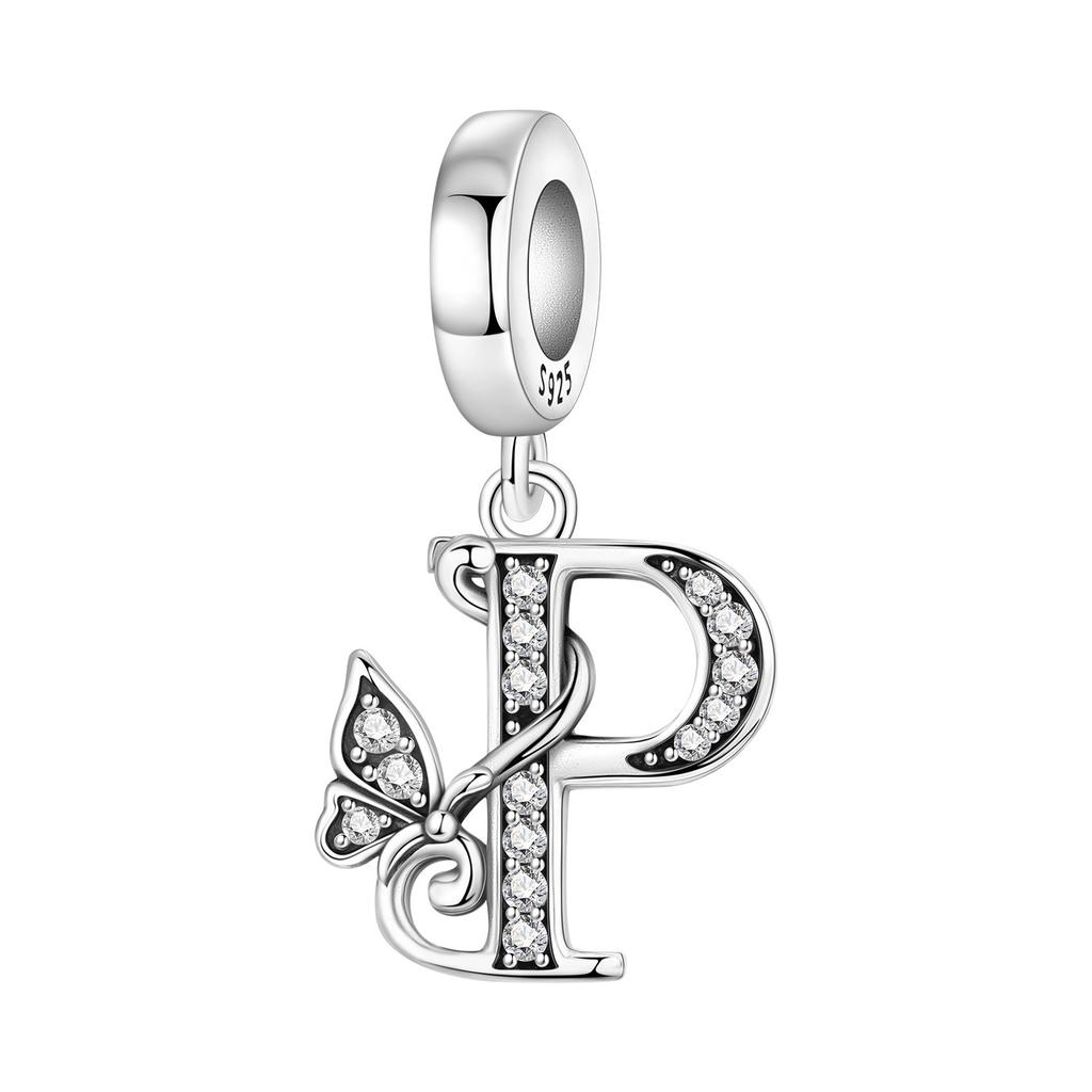 Orstarry DIY Zircon Butterfly 26 Letter Beads 925 Silver Pendant Charms for Bracelet Necklace Jewelry Gifts
