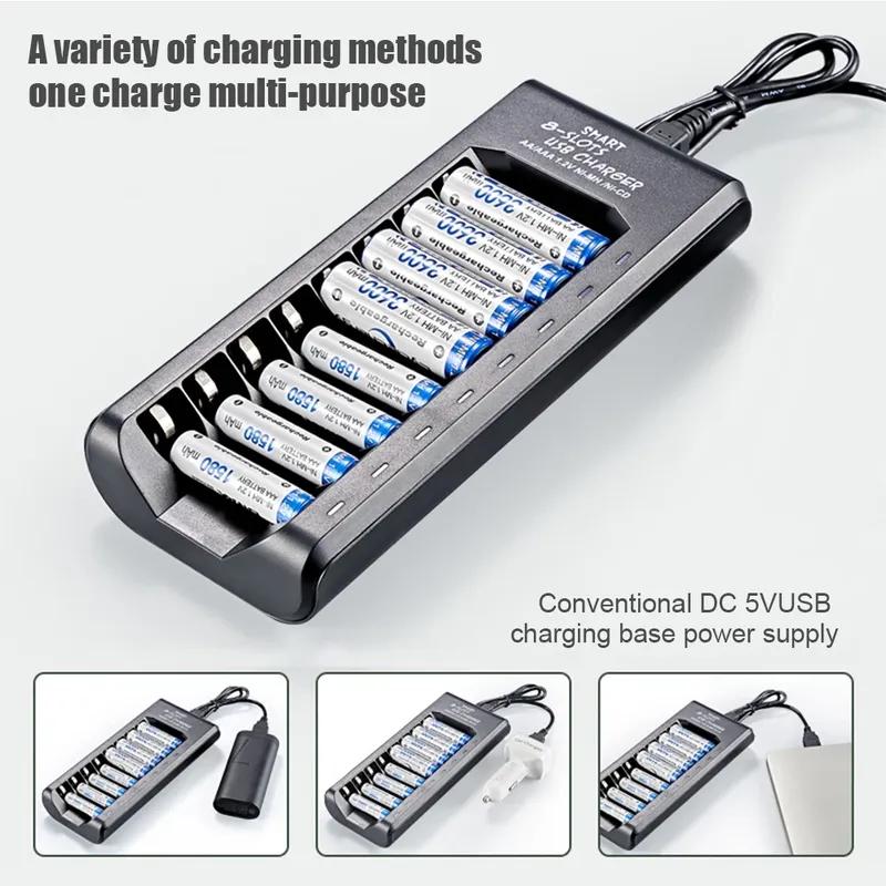 Rechargeable Battery Charger USB Output 8 Slots Fast Charging Short Circuit Protection for 1.2V NiMH AAA/AA Batteries Charger