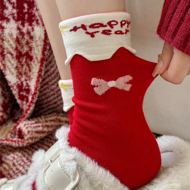 Women's Christmas Red Cartoon Mid-Calf Socks for Autumn and Winter