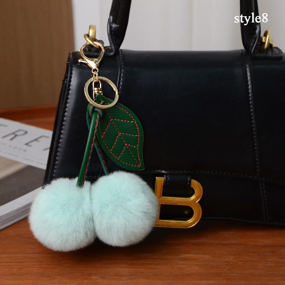Keychain Key Fob Bag Pendant Fluffy Cherry Keyring Bag Hanging Leaf Artificial Rabbit Fur Ball Key Holder Plush Bag Accessories