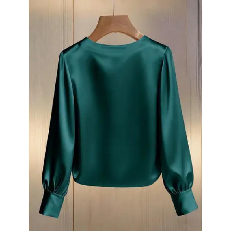 Spring and Autumn Pearl Round Neck Satin Women Shirt Loose Casual Long Sleeve Office Blouse Female Top O Neck Solid Color Simple Clothing