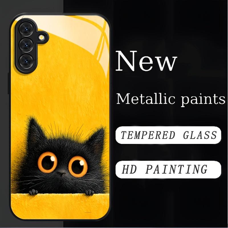 Cute black cat English tempered glass phone case suitable for Samsung GalaxyS26 S25 S24 S22 S21 S20S11S10FE/Ultra/Plus anti drop