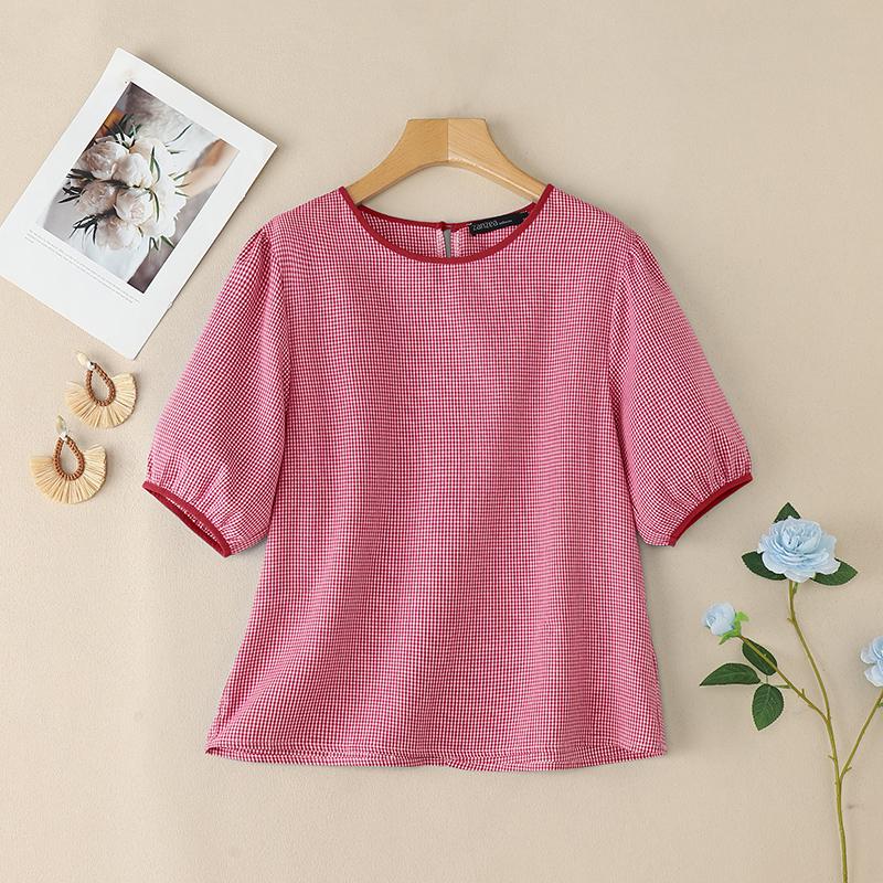 

ZANZEA Women Casual Round Neck Grid Print Summer Short Sleeve Blouse