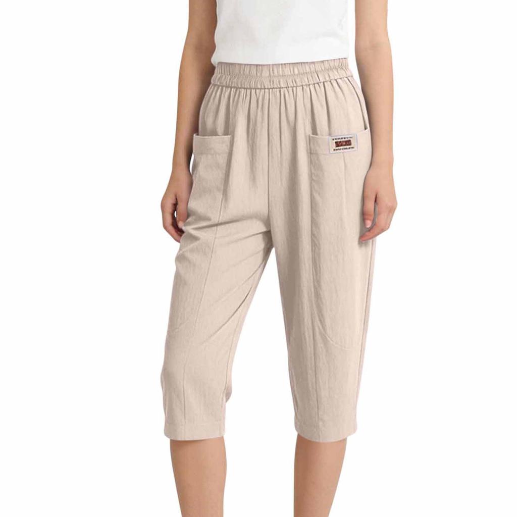 Women's Cotton And Linen Capried Pants Summer Elastomer Waist Haren Pants All- Casual Pants