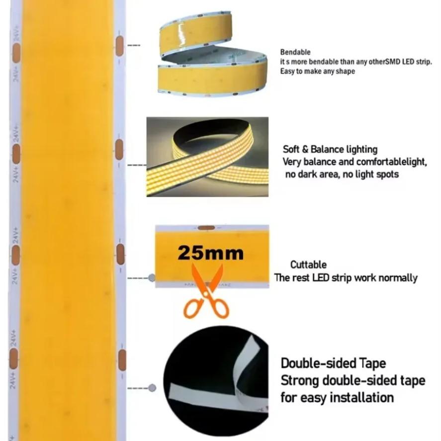 1600LED/m 30mm Wide Super Bright COB LED Strip DC24V LED Ribbon Tape Indoor Lighting TV Backlight Flexible Ribbon Rope LED Strip